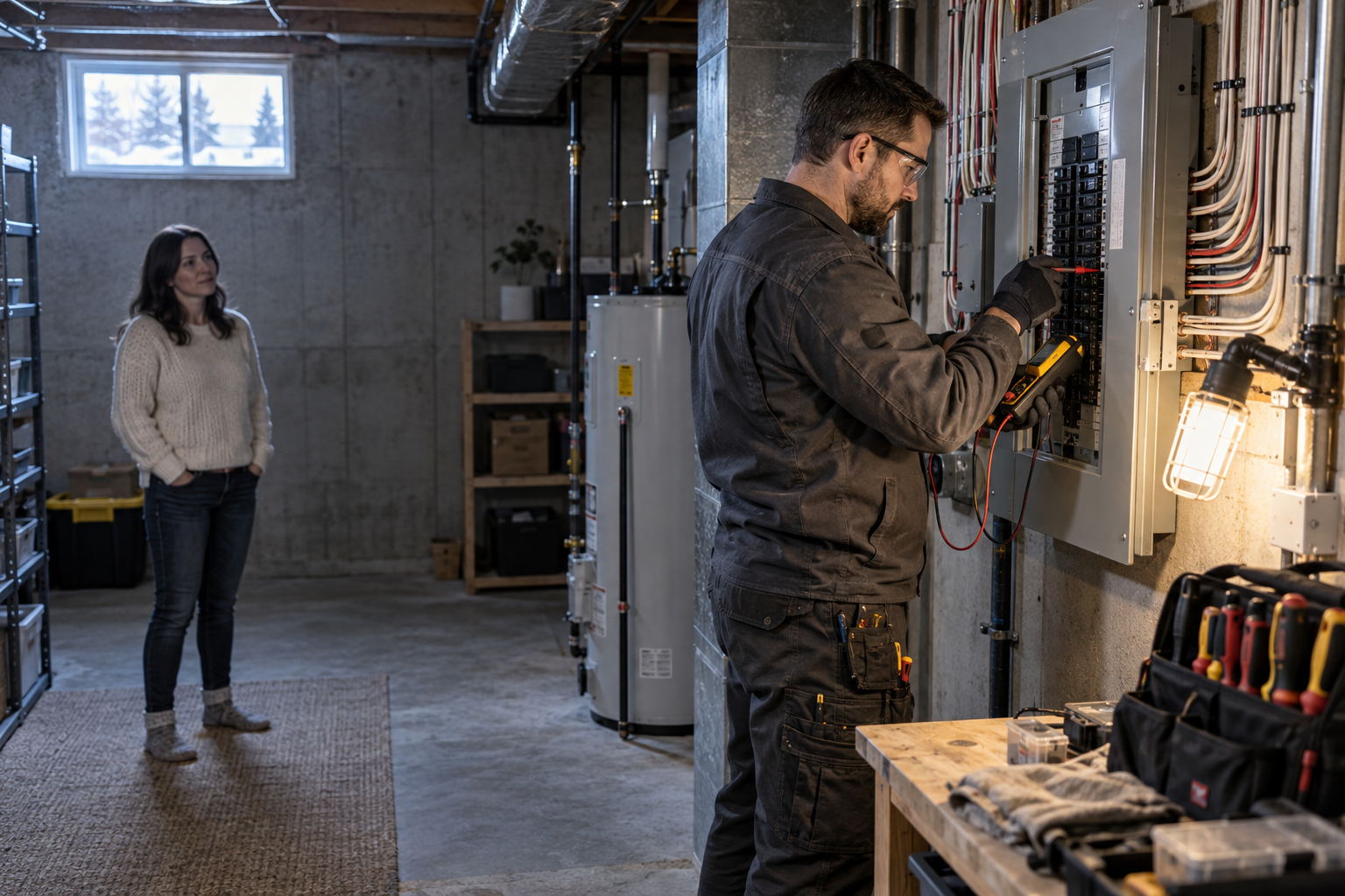 Electrician tests a residential electrical panel with safe equipment