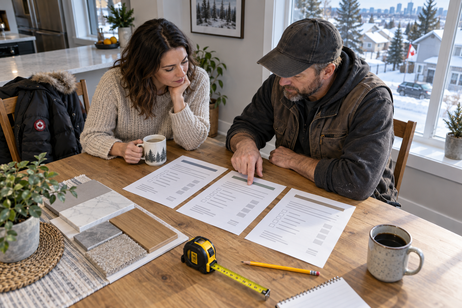 Homeowner and contractor compare three written estimates at a kitchen table
