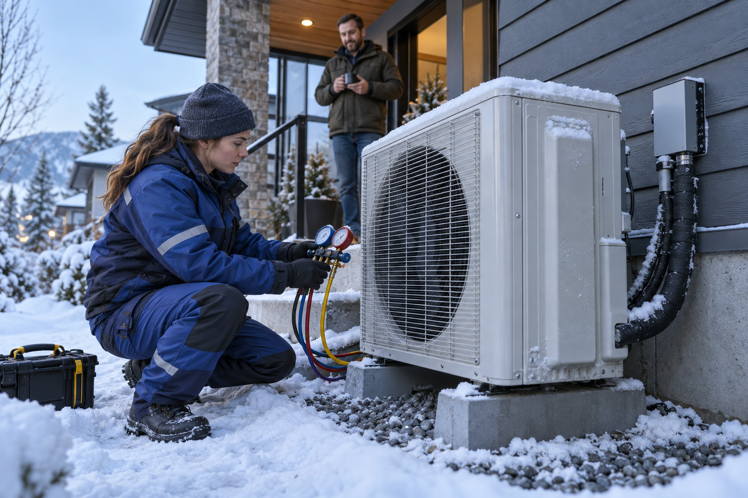 HVAC technician checks a heat pump outside a Canadian home in winter