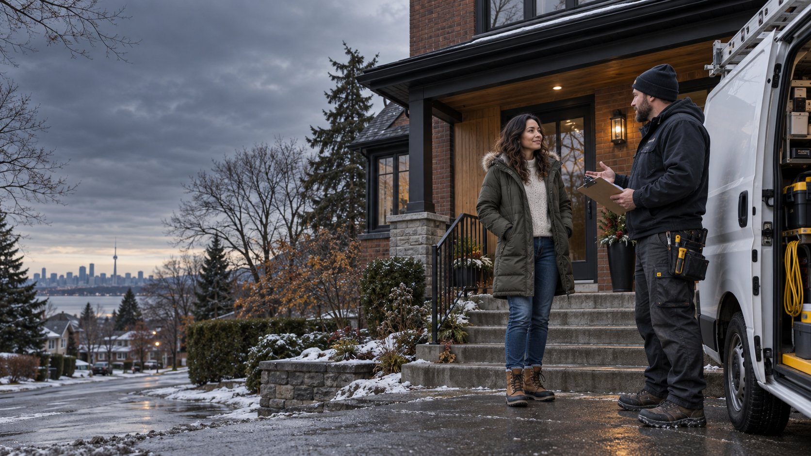 Canadian homeowner discusses a home service scope with a technician beside an unbranded van