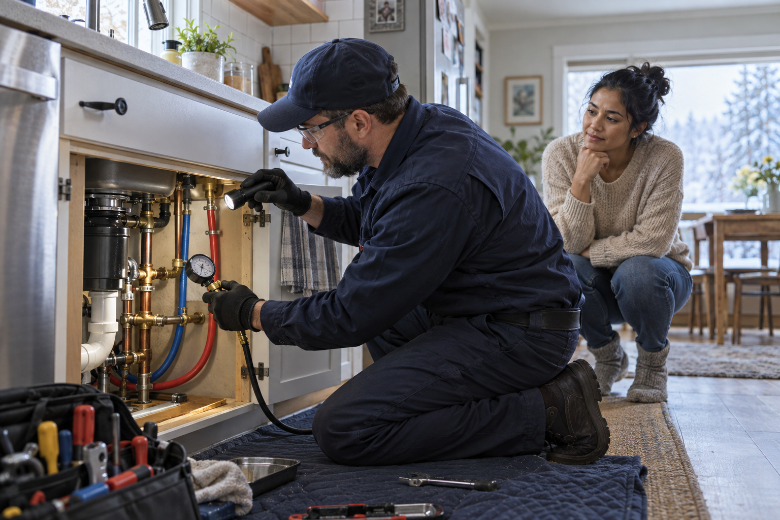 Plumber inspects residential pipework while a homeowner observes